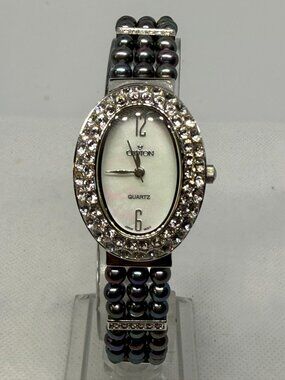 Croton Women Silver Oval Crystal Pavé Bezel MOP Dial Black Pearl Bracelet Watch